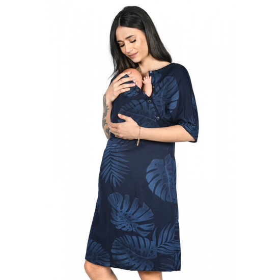 Dzemdību krekls NAVY/LEAVES ar pusgarām piedurknēm un kabatām